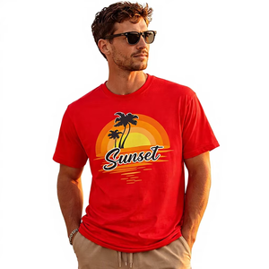 Camiseta Gráfica Roja Oversize para Hombre, Estampado de Atardeceres y Playa, Algodón, Estilo Urbano, Casual, Holgada, con Logo Personalizado - Product Image 1