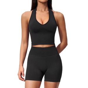 Seamless <b>Halter</b> <b>Neck</b> Yoga Set Women 2 Piece Sports <b>Bra</b> and Shorts V <b>Neck</b> Knitted Fitness Outfit Running Wear - Product Image 2