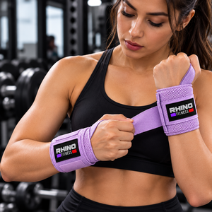 Bandes de maintien pour poignets Rhino Fitness en coton violet avec boucle pour le pouce et fermeture auto-agrippante pour la main gauche, soutien pour la musculation en salle de sport - Product Image 3