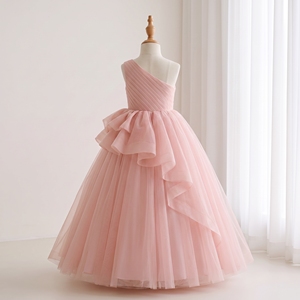 Robe de demoiselle d'honneur Celestique de luxe rose blush à une épaule, corsage plissé, nœud surdimensionné, en tulle, style princesse, robe de bal - Product Image 3