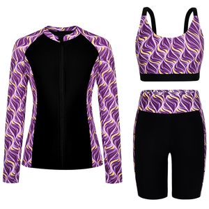 Women's 3-Piece <b>Long</b> <b>Sleeve</b> Full Zip Rashguard <b>Swimsuit</b> Set Floral Print Swim Top with Padded Bikini Bra and Shorts - Product Image 1