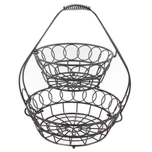 Wooden Handle Metal 2 Tier Hanging Fruit Storage <b>Basket</b> French Iron <b>Wire</b> Eco-Friendly Rectangle Shaped - Product Image 2