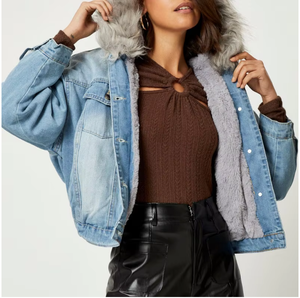Unisex Jeans Jacket Cotton Lined Hood Standard Winter Casual Eco-Friendly Quick Dry Breathable Regular Fit <b>Covered</b> <b>Button</b> - Product Image 2