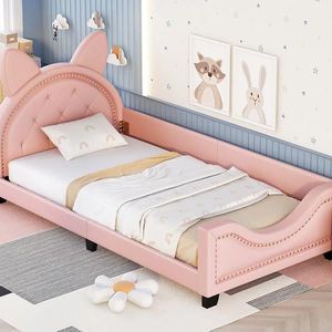 Pink Twin Size Upholstered Daybed with Carton Ears Shaped Headboard for Kids' Bedrooms - Product Image 5