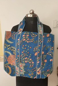 Traditional Blue Cotton <b>Tote</b> <b>Bag</b> with Floral Print Bohemian Style <b>Summer</b> Casual Zipper Shopping Handbag for Women - Product Image 3