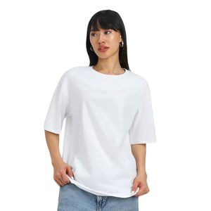T-shirt pour femme en coton pur, coupe ample et oversize, manches courtes, épaules tombantes, col rond uni - Product Image 1
