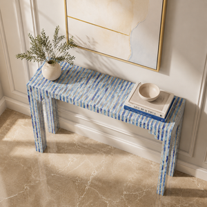 Blue White Bone Inlay <b>Solid</b> <b>Wood</b> Handmade Modern Console Table Entryway End Table Hallway Accent <b>Desk</b> for Living Room - Product Image 3