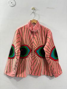 เสื้อแจ็คเก็ตกำมะหยี่สีชมพูปักลายตา คอตั้ง แขนยาว เสื้อคลุมผู้หญิงสำหรับฤดูใบไม้ร่วง - Product Image 1