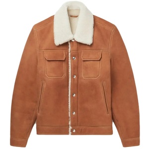 Men's Brown <b>Suede</b> Leather <b>Jacket</b> With Faux Fur Collar Button Front Two Pockets Workwear Style Winter Outwear - Product Image 1