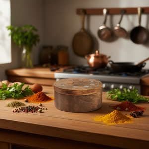 Caja de Madera Hecha a Mano para Chapati con Organizador de Especias, Utensilio de Cocina Tradicional, Contenedor para Roti con Tarro para Especias - Product Image 3