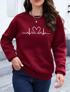 <b>Women's</b> <b>Burgundy</b> Crew Neck Sweatshirt Drop Shoulder Long Sleeve Heartbeat Print Casual Pullover Autumn <b>Top</b> - Product Image 5