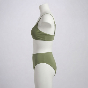 Women's Olive <b>Green</b> Eco-Friendly Breathable 2-Piece Bikini Set Crossed <b>Halter</b> <b>Top</b> High Waist Bottoms Solid Color Spandex Front - Product Image 2