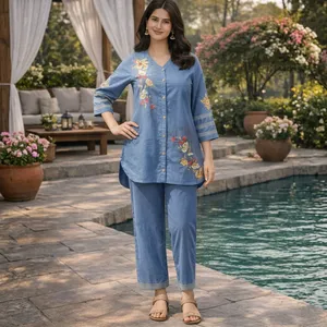 Women's Blue Embroidered Cotton Set <b>Three</b> <b>Quarter</b> Sleeve Loose Fit Full Length <b>Pants</b> Outfit Spring Summer Casual Wear - Product Image 5