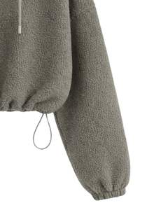 Sudadera Corta con Capucha de Forro Polar Texturizado Gris Oliva, Cierre de Cremallera de un Cuarto, Cintura Ajustable con Cordón, Estilo Casual Urbano, Sudadera Cálida para Hombre, Logotipo Personalizado - Product Image 6