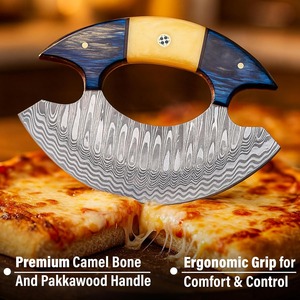 Cuchillo Ulu de acero de Damasco hecho a mano - Cuchillo Ulu con funda de cuero - Cuchillos multiusos para cortar pizza - Product Image 2
