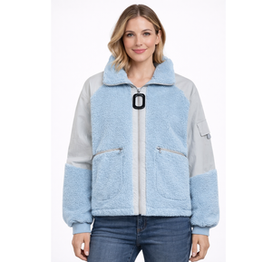 เสื้อแจ็คเก็ตซิปสำหรับผู้หญิงสีฟ้าอ่อนแบบมีแผงเชอร์ปา – เสื้อโค้ทกันหนาวพรีเมียมแขนตัดต่อเนื้อผ้าขนแกะนุ่ม คอสูง - Product Image 1