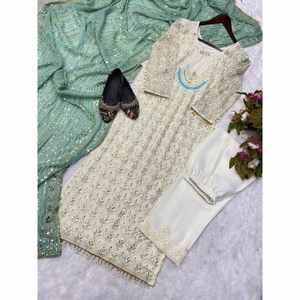 ชุดเสื้อและกางเกงปักลายดีไซเนอร์ประดับด้วยหิน พร้อมผ้าคลุมไหล่ สีเขียวมิ้นท์ ทรงเอวธรรมชาติ - Product Image 3