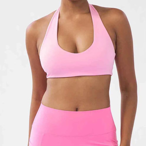 Wholesale Women's Pink Scoop Neck Seamless High Support Yoga Fitness Sports <b>Bra</b> Breathable Solid Color Front Logo High Quality - Product Image 3