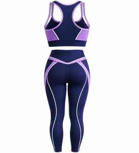 Ensemble de sport haut de gamme : Soutien-gorge de sport et Legging taille haute, Violet et Bleu marine avec bordure contrastante, Anti-transpiration, Tenue de yoga et d'entraînement 2 pièces - Product Image 6