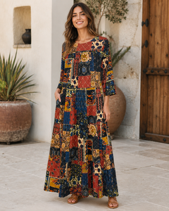 Robe maxi en coton tissé naturel style bohème patchwork pour femme, coupe ajustée, ourlet plissé, tenue décontractée d'été - Product Image 1