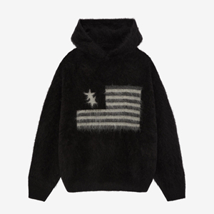 Wholesale Custom Men Mohair Hoodie Sweater Intarsia Jacquard Knit Fuzzy Brushed Designer Pullover - Product Image 6