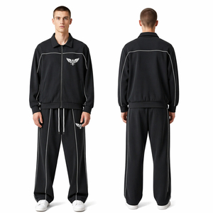 Mens Luxury Black Tracksuit Set Minimalist Streetwear Zip Jacket Wide Leg <b>Pants</b> Designer Sportswear Outfit - Product Image 1