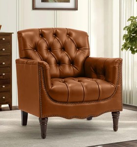 Brown Tufted PU Leather Chesterfield Accent Armchair Wood Legs Traditional Style Living Room Sofa One Seat Upholstered <b>Chair</b> - Product Image 5