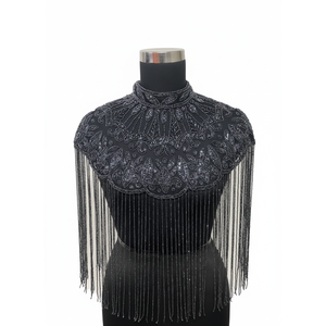 Capa con flecos de cuentas negras hecha a mano para vestidos de noche y trajes de gala |   Chal de Hombro Gótico Vintage, Accesorio de Lujo OEM - Product Image 1