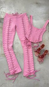 Trendy Ribbed Lace-Up Eyelet Crop Top and High Waist Cut-Out Skinny Trouser <b>Set</b> Women <b>Sexy</b> Two Piece Club Matching <b>Set</b> - Product Image 4