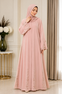 Abaya rose à col ouvert, robe longue modeste à manches longues, robe islamique brodée pour femmes, à porter au quotidien - Product Image 1