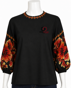 เสื้อยืดแขนพองลายดอกไม้สีดำสำหรับผู้หญิงของแฮชบลูมคอกลมทรงหลวมลำลองฤดูใบไม้ผลิฤดูร้อนเสื้อถักโพลีเอสเตอร์ - Product Image 4