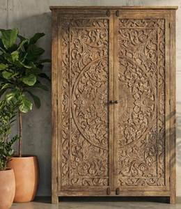 Luxury Handcrafted Solid Wood 2 Door <b>Wardrobe</b> Ornate Botanical Mandala Carving Natural - Product Image 1