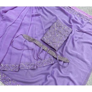 SEQUENCE DE BRODERIE GEORGETTE À LA MODE TRAVAIL DE DENTELLE 1 MINUTE SAREE AVEC CHEMISIER NON COUDU LAVANDE - Product Image 4