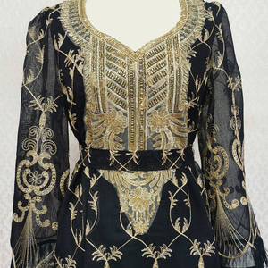 Vestido Maxi Negro con Bordado Dorado para Mujer, Manga Larga, Elegante, Étnico, Formal, Holgado, con Corte Evase, para la Noche - Product Image 2