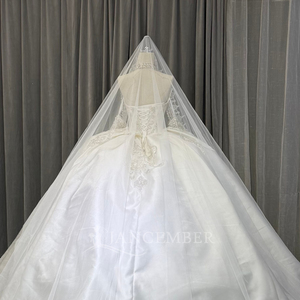 Robe de mariée bustier en tulle style princesse avec appliques en dentelle, traîne cathédrale, longueur ras du sol, style classique - Product Image 2