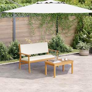 Banc de jardin en bois d'acacia massif blanc crème avec coussin, bancs de patio - Product Image 1