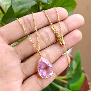 luxury pink quartz rose cut stone pendant handcrafted brass metal chain necklace 18k gold pated bezel setting crystal jewelry - Product Image 4