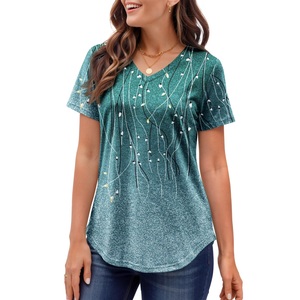 Custom Brand <b>Women's</b> <b>V</b>-<b>Neck</b> Printed 100% Cotton Short Sleeve Eco-Friendly Plus Size Casual Summer <b>T</b>-<b>Shirt</b> Anti-Wrinkle Quick Dry - Product Image 3
