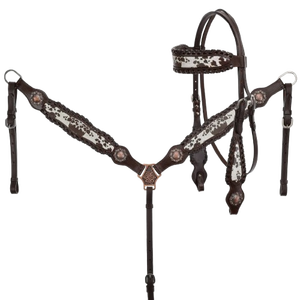 Conjunto de arreos western para caballo de primera calidad, hecho a mano y genuino, con ceñidor, cabezada, pechopetral y riendas con superposición de piel de vaca estampada Rangehide. - Product Image 1
