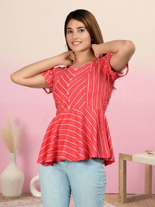 Haut d'été carré en rayonne à rayures imprimées, couleur rouge, décontracté, pour usage quotidien, confortable, élégant, écologique, respirant, pour femme, vente en gros - Product Image 5