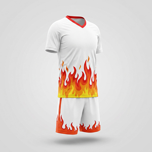 Conjunto de Camiseta de Fútbol con Estampado de Llamas, Cuello en V, Manga Corta, Secado Rápido, Ajuste Atlético, Uniforme de Poliéster para Todas las Temporadas, Blanco, Rojo, Amarillo - Product Image 4