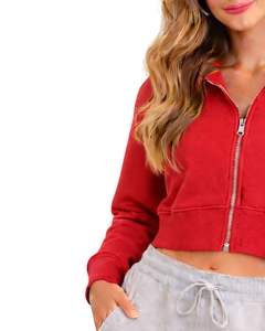 Sudadera con capucha corta con cremallera para mujer, color rojo, manga larga, estilo casual, ropa de calle, chaqueta deportiva, top de moda de invierno - Product Image 4
