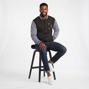 Custom <b>Black</b> and Grey <b>Fleece</b> Varsity <b>Jacket</b> KVJ121 Embroidered Chenille Patches Collarless Design for <b>Men</b> and Women - Product Image 1