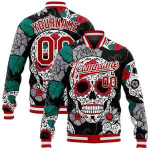 Veste universitaire pour homme, motif crâne vert, rouge et noir, personnalisable avec nom et numéro, impression par sublimation, tenue décontractée d'automne, coupe classique, col rabattu - Product Image 6