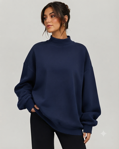 Suéter de Cuello Alto Azul Marino para Mujer, Estilo Urbano, Holgado, de Forro Polar, Manga Larga, Tejido, Color Sólido, para Otoño e Invierno - Product Image 1
