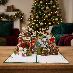 Carte de Noël pop-up 3D, bureau de poste du Pôle Nord, train des ours polaires, impression de dessin animé, artisanat en papier fait main, carte de vœux de Noël - Product Image 4