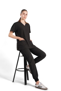 Ensemble de blouses médicales noires pour femmes, haut à col en V avec poches et pantalon de jogging, uniformes d'hôpital, tissu polyester tissé - Product Image 3