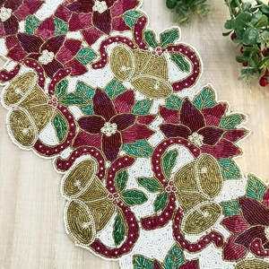Handmade Eco-Friendly <b>Christmas</b> Table <b>Runner</b> Floral Embroidered Poinsettia Polyester/Cotton 13x36 Inch - Product Image 2