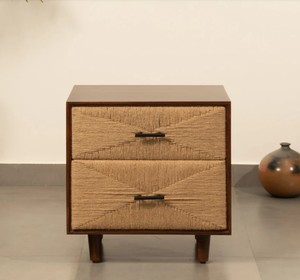 Modern Jute Rope Weave Nightstand 2 Drawer Wood <b>Bedside</b> Table Midcentury Bedroom Furniture Handmade <b>Storage</b> Cabinet - Product Image 1