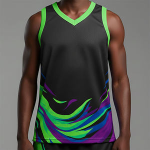 Camiseta de Baloncesto Sublimada Personalizada para Hombre, Sin Mangas, Degradado Negro, Verde y Morado, Cuello en V, Absorbe la Humedad, Ajuste Atlético - Product Image 1